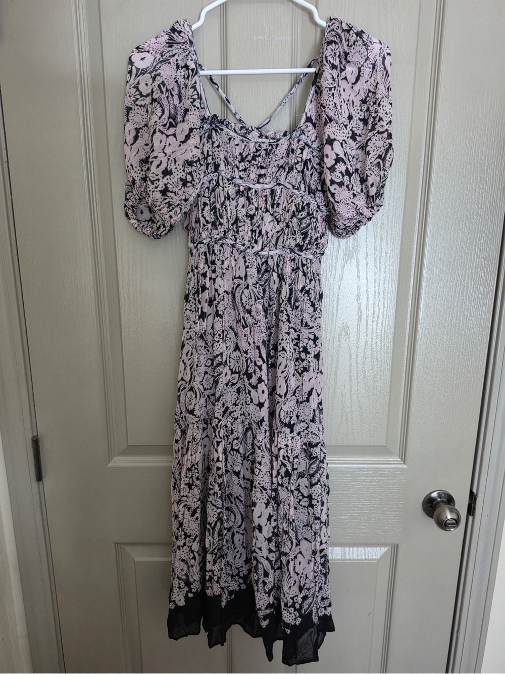 Anthropologie Pink and Black Floral Midi Dress with Puff Sleeves